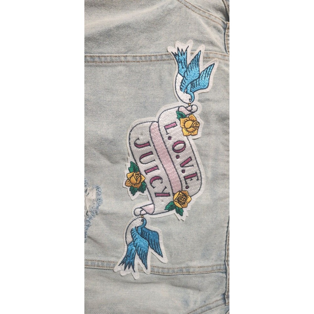 Juicy Couture Womens Y2K Denim Jean Jacket Cabana Wash Tattoo Patches Heart XS - Picture 15 of 16